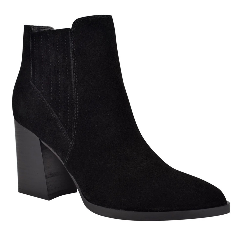 MARC FISHER Black Comfort Stretch Ellard Pointy Toe Block Heel Leather Bootie 9